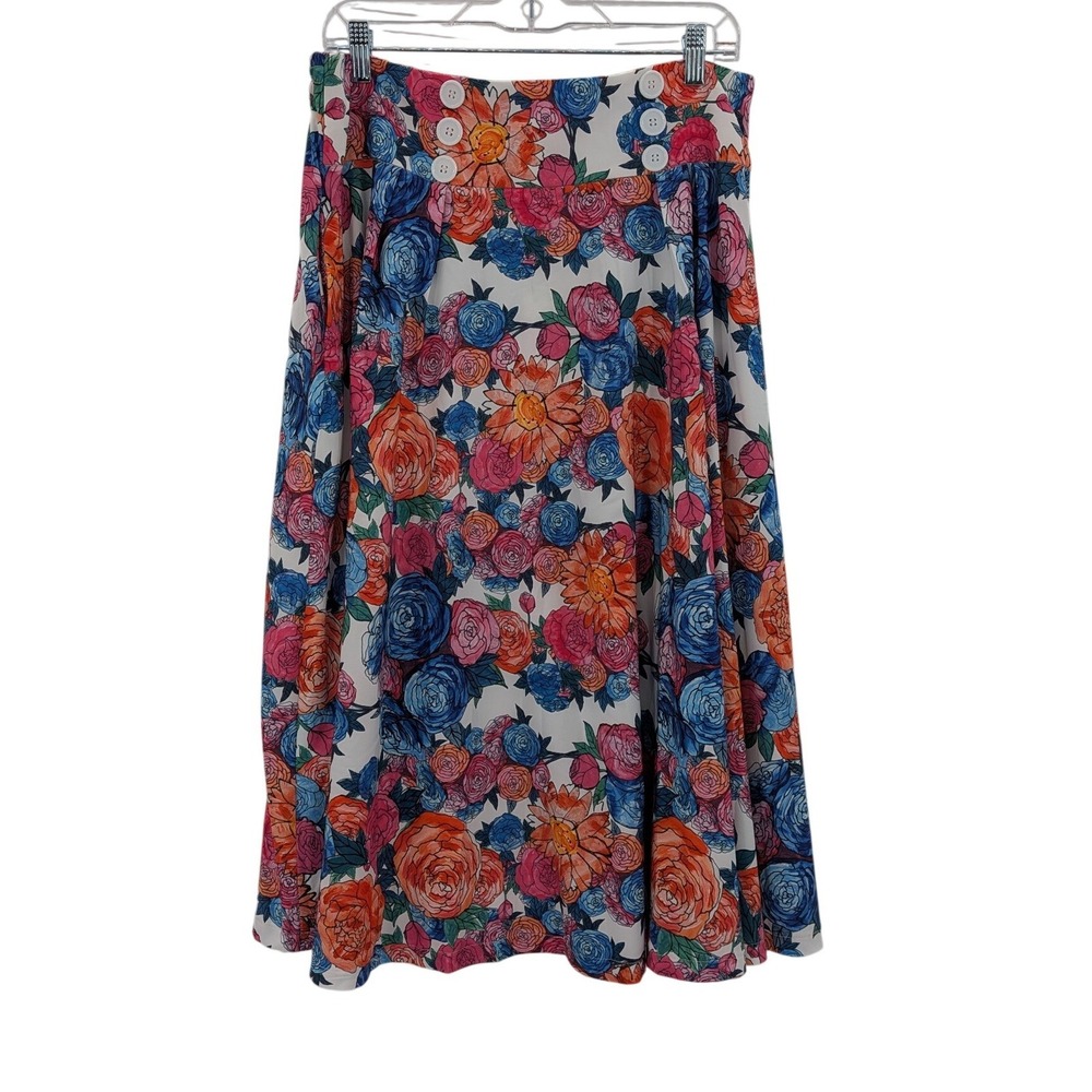 Boho Cottage Tradwife Belle Poque Floral HighWaist Button Pockets XL Midi Skirt - Picture 2 of 11